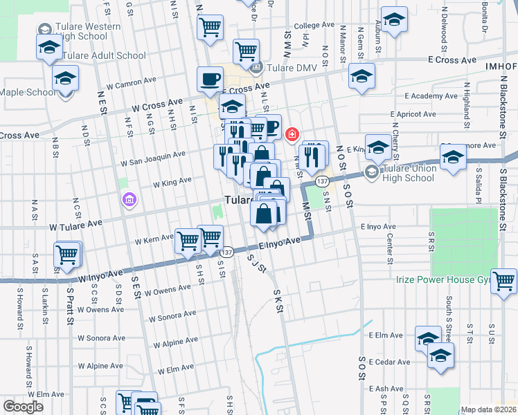 map of restaurants, bars, coffee shops, grocery stores, and more near 157 South K Street in Tulare