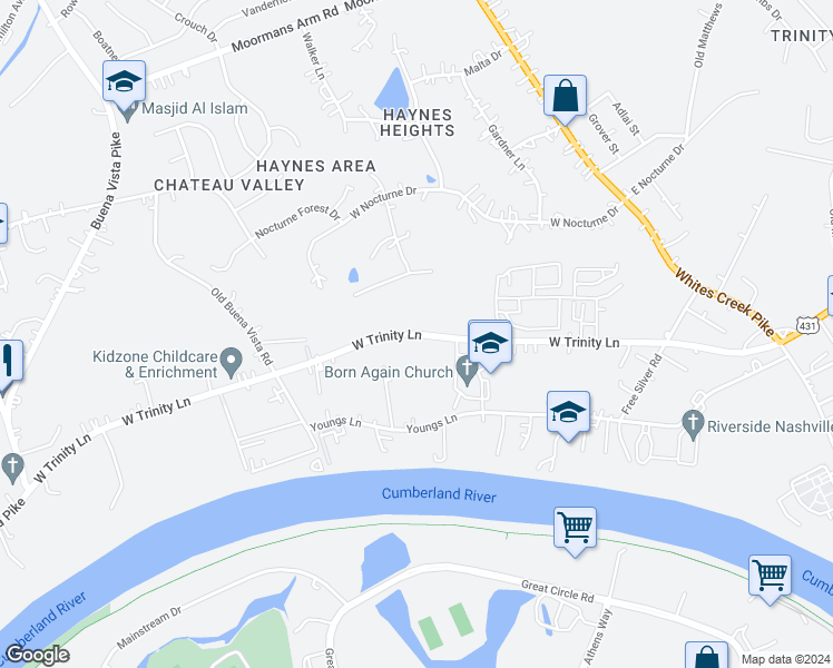 map of restaurants, bars, coffee shops, grocery stores, and more near 888 West Trinity Lane in Nashville