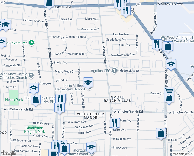 map of restaurants, bars, coffee shops, grocery stores, and more near 5384 Alfred Drive in Las Vegas