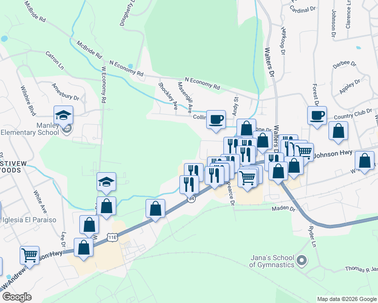map of restaurants, bars, coffee shops, grocery stores, and more near 2300 West Andrew Johnson Highway in Morristown