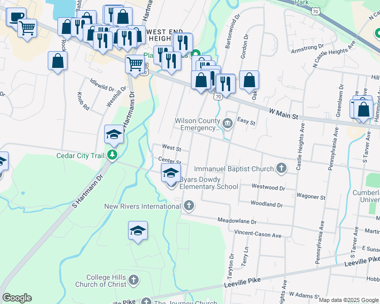 map of restaurants, bars, coffee shops, grocery stores, and more near 299 Dawson Lane in Lebanon