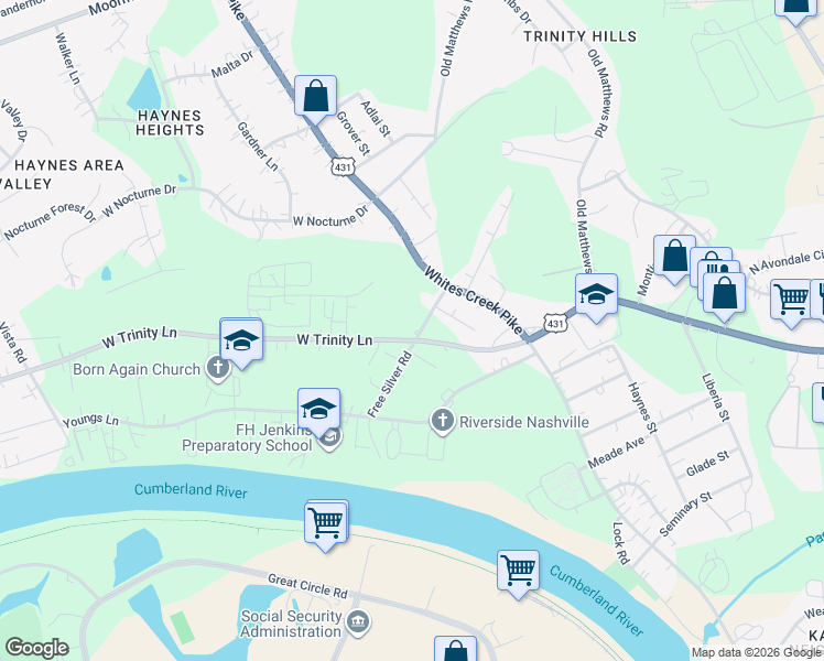 map of restaurants, bars, coffee shops, grocery stores, and more near 1000 Free Silver Road in Nashville