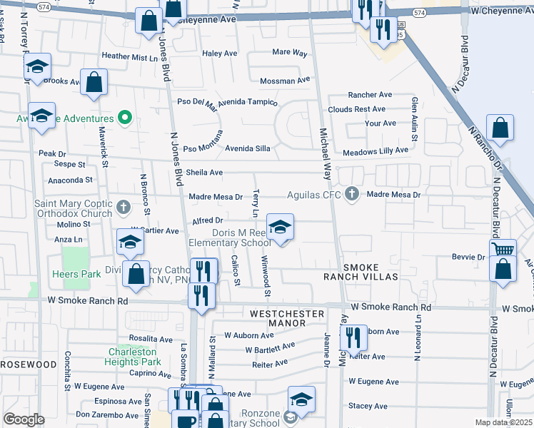 map of restaurants, bars, coffee shops, grocery stores, and more near 5638 Alfred Drive in Las Vegas