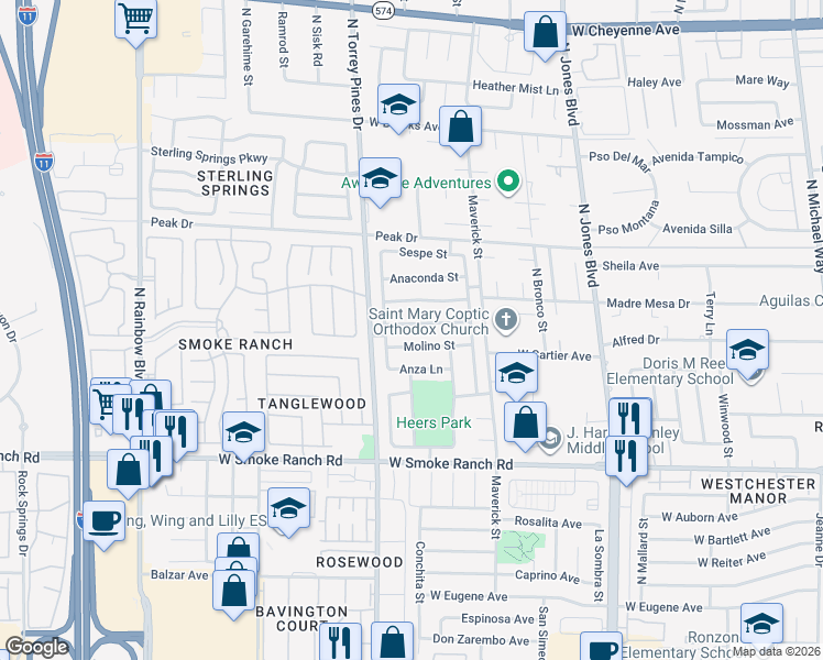 map of restaurants, bars, coffee shops, grocery stores, and more near 6320 Molino Street in Las Vegas