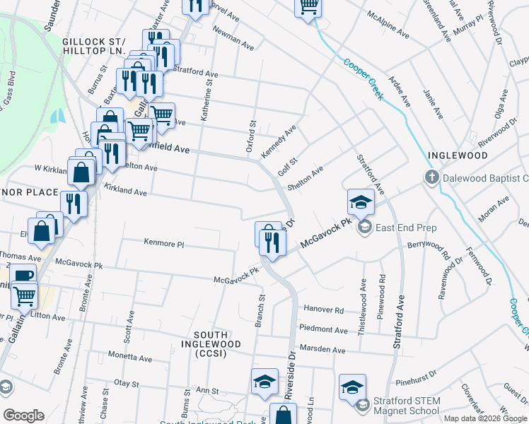 map of restaurants, bars, coffee shops, grocery stores, and more near 1419 Kirkland Avenue in Nashville