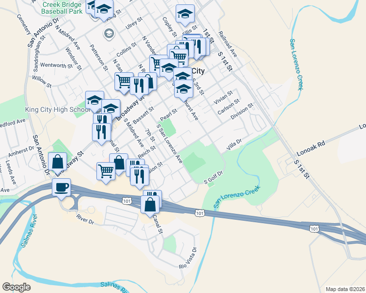 map of restaurants, bars, coffee shops, grocery stores, and more near 526 Division Street in King City