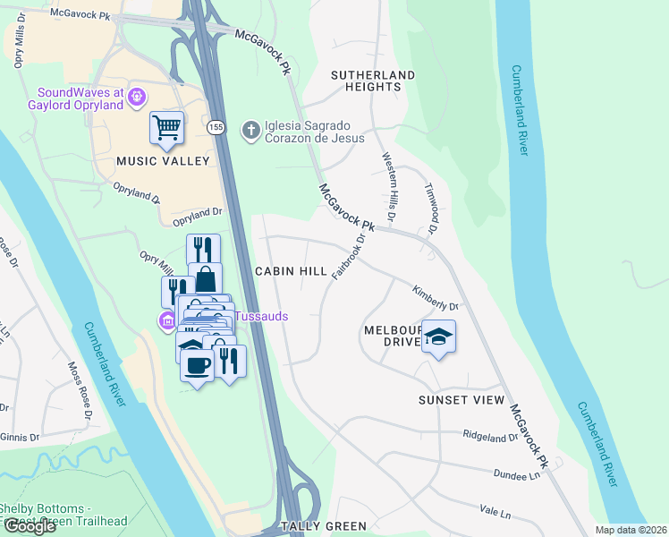 map of restaurants, bars, coffee shops, grocery stores, and more near 2436 Fairbrook Drive in Nashville