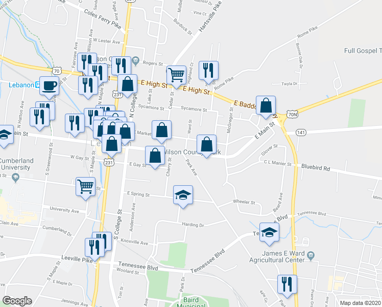 map of restaurants, bars, coffee shops, grocery stores, and more near 409 East Main Street in Lebanon