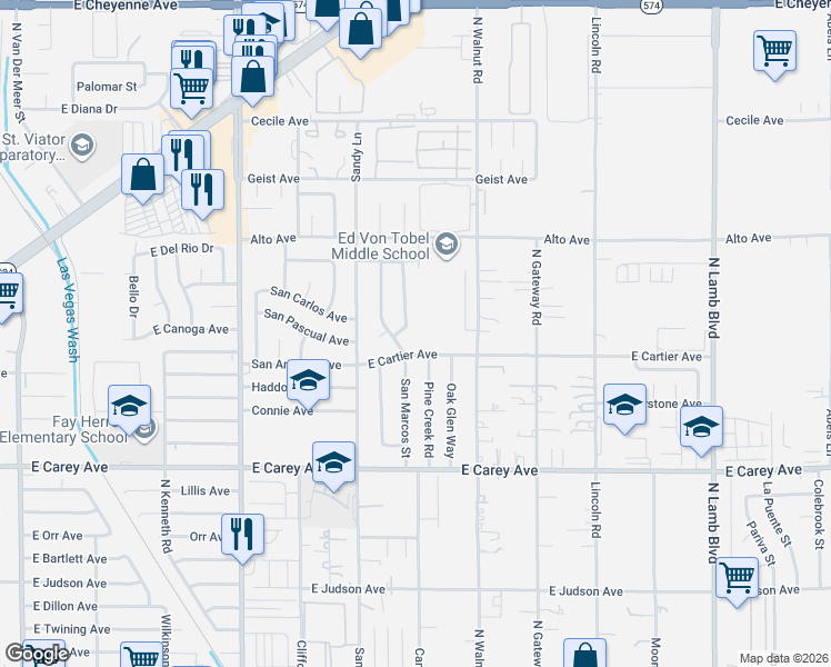 map of restaurants, bars, coffee shops, grocery stores, and more near 2620 San Marcos Street in Las Vegas
