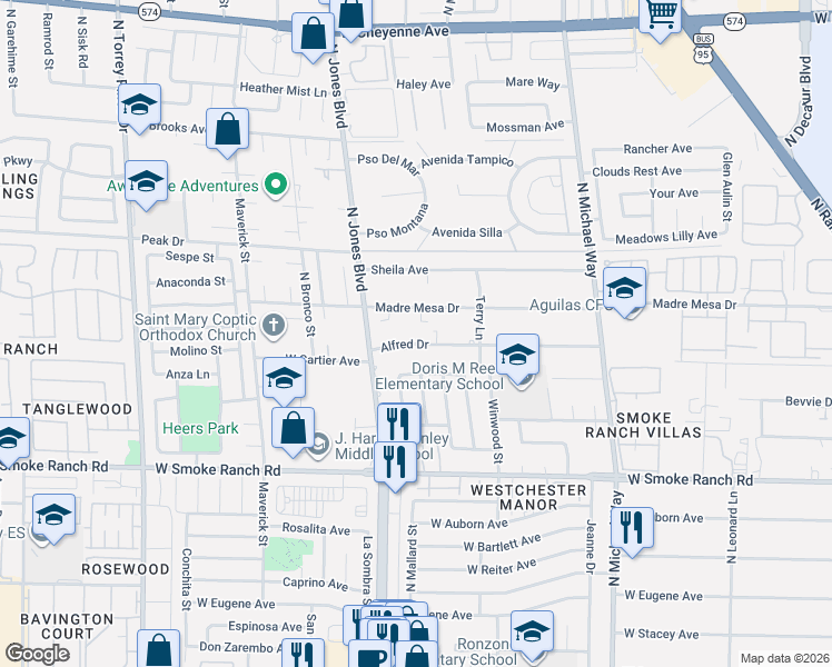map of restaurants, bars, coffee shops, grocery stores, and more near 5855 Alfred Drive in Las Vegas