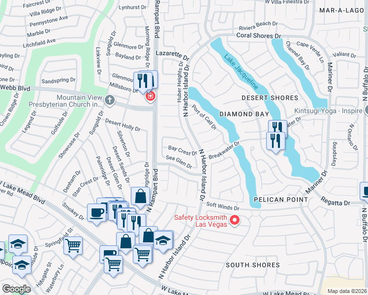 map of restaurants, bars, coffee shops, grocery stores, and more near 8417 Bay Crest Drive in Las Vegas