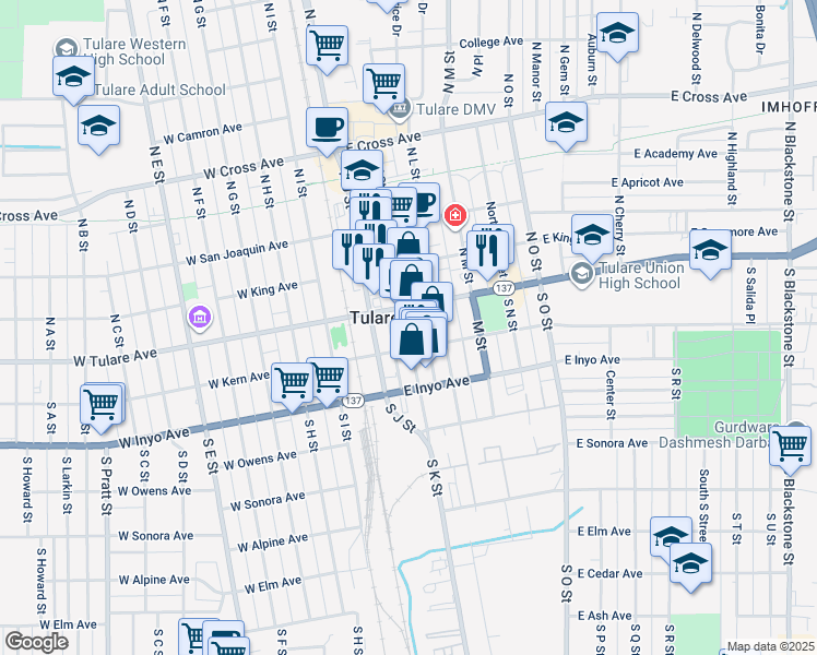 map of restaurants, bars, coffee shops, grocery stores, and more near 157 South K Street in Tulare