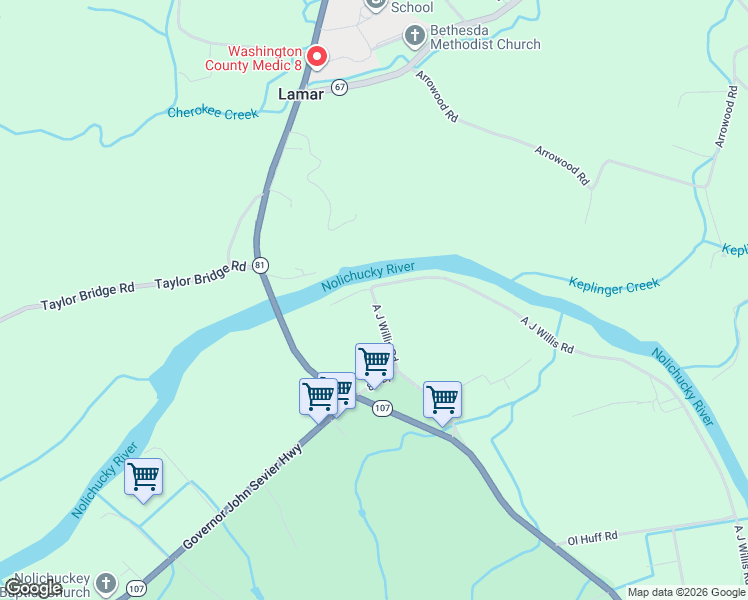 map of restaurants, bars, coffee shops, grocery stores, and more near 562 A J Willis Road in Jonesborough