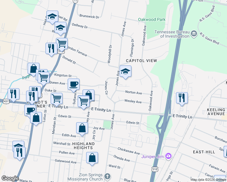 map of restaurants, bars, coffee shops, grocery stores, and more near 2010 Jones Avenue in Nashville
