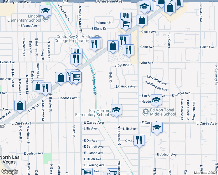 map of restaurants, bars, coffee shops, grocery stores, and more near 2621 Bello Drive in North Las Vegas
