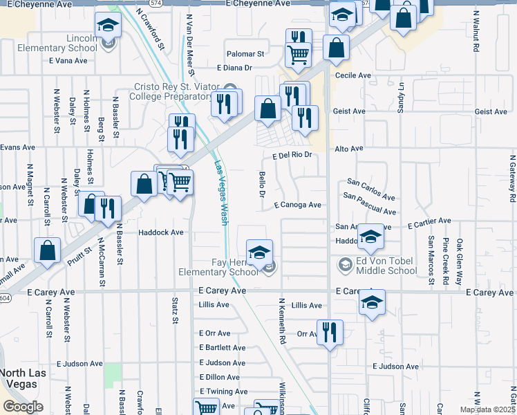 map of restaurants, bars, coffee shops, grocery stores, and more near 2621 Bello Drive in North Las Vegas
