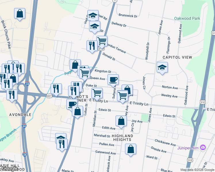map of restaurants, bars, coffee shops, grocery stores, and more near 212 Duke Street in Nashville