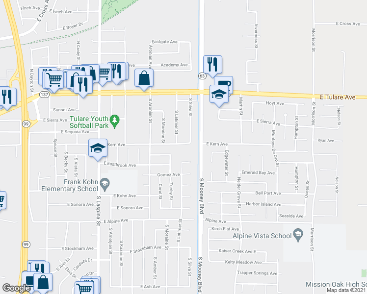 map of restaurants, bars, coffee shops, grocery stores, and more near 2105 East Kern Avenue in Tulare
