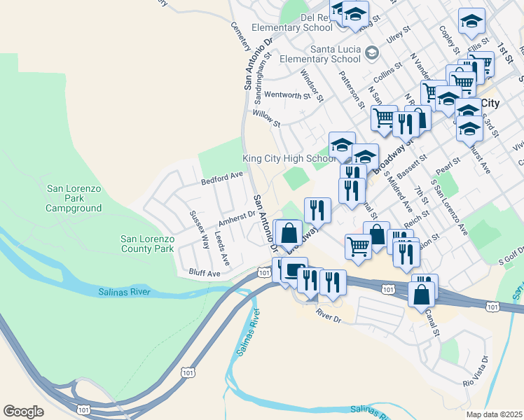 map of restaurants, bars, coffee shops, grocery stores, and more near Amherst Dr & San Antonio Dr in King City