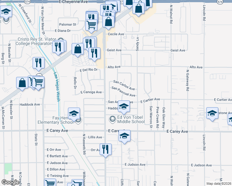 map of restaurants, bars, coffee shops, grocery stores, and more near 2642 San Vincente Court in Las Vegas