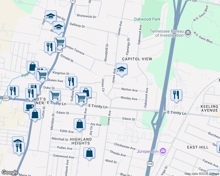 map of restaurants, bars, coffee shops, grocery stores, and more near 2010 Jones Avenue in Nashville
