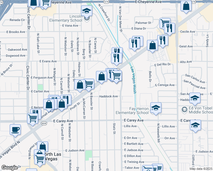 map of restaurants, bars, coffee shops, grocery stores, and more near 2557 Statz Street in North Las Vegas