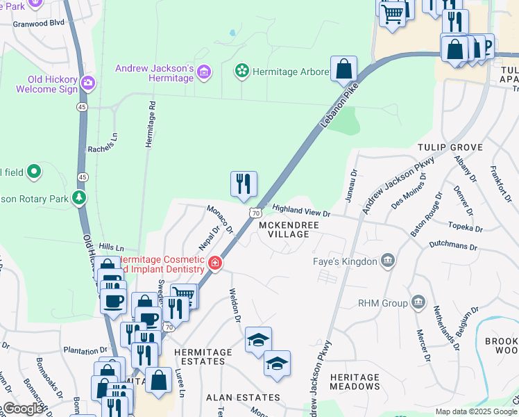 map of restaurants, bars, coffee shops, grocery stores, and more near 4399 Lebanon Pike in Nashville