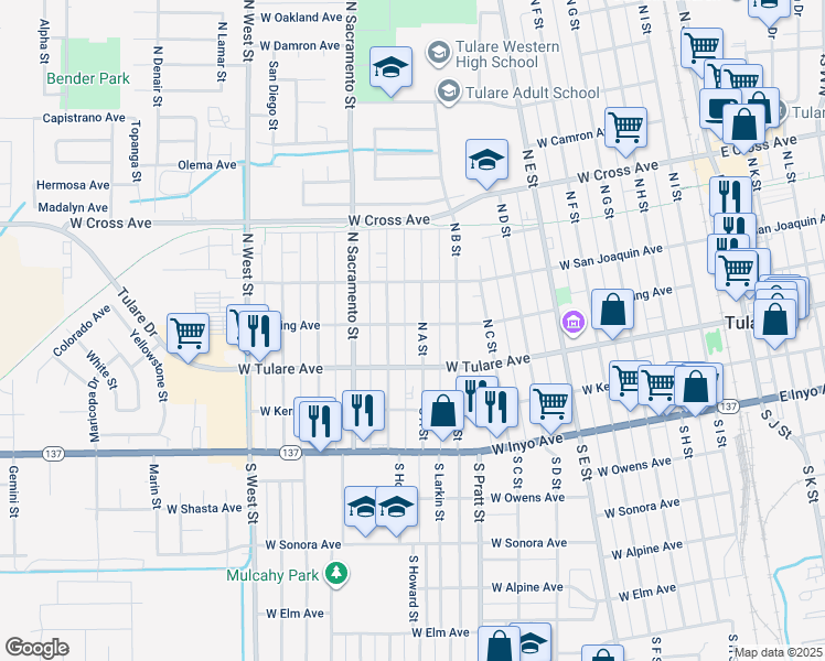 map of restaurants, bars, coffee shops, grocery stores, and more near 130 North California Street in Tulare
