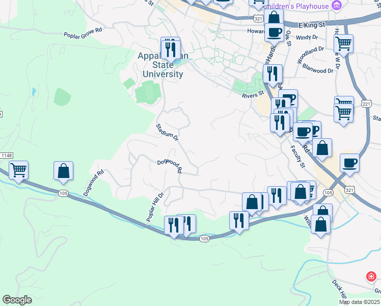 map of restaurants, bars, coffee shops, grocery stores, and more near 686 Stadium Drive in Boone