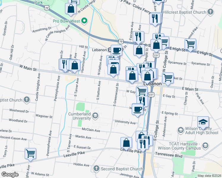 map of restaurants, bars, coffee shops, grocery stores, and more near 118 South Greenwood Street in Lebanon