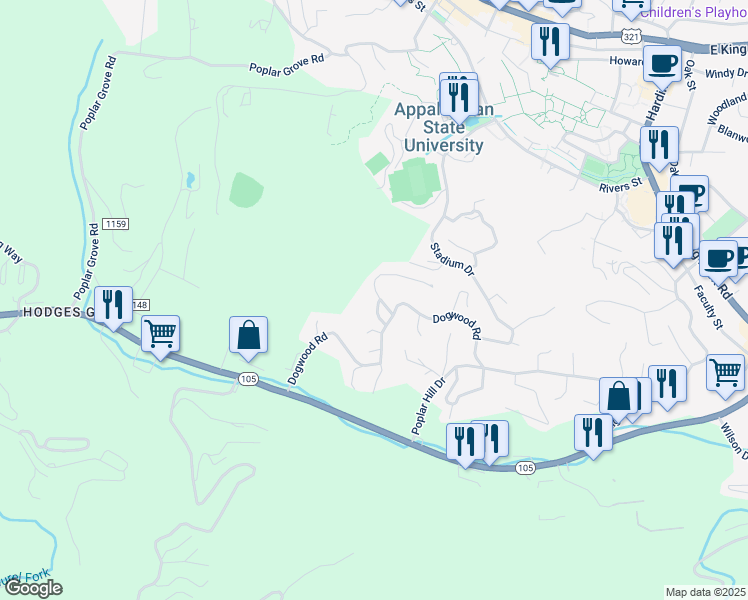 map of restaurants, bars, coffee shops, grocery stores, and more near 543 Dogwood Road in Boone