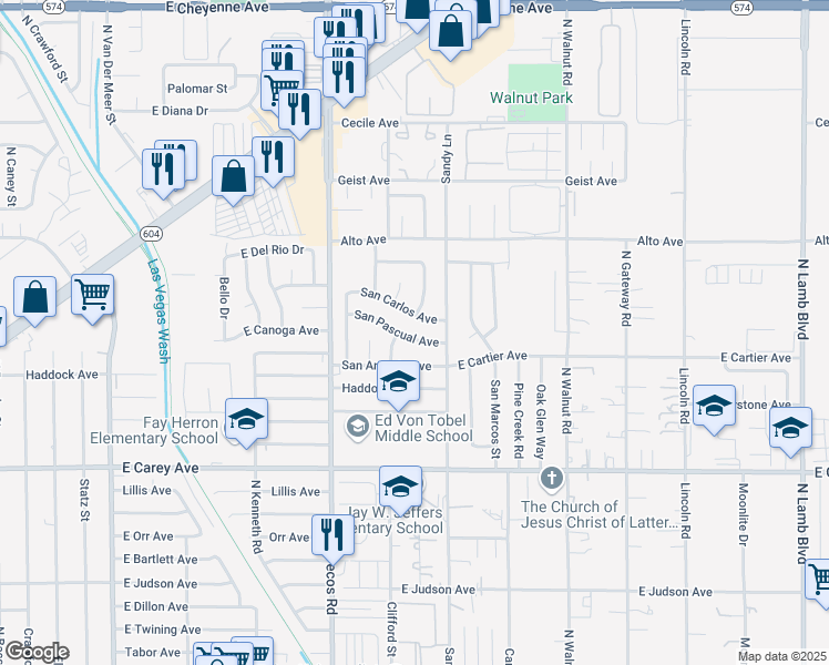 map of restaurants, bars, coffee shops, grocery stores, and more near 3644 San Pascual Avenue in Las Vegas