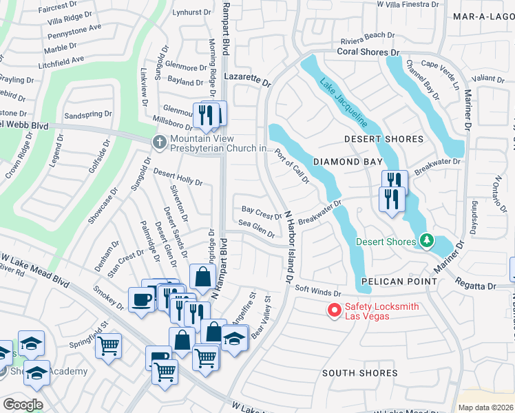 map of restaurants, bars, coffee shops, grocery stores, and more near 8417 Bay Crest Drive in Las Vegas