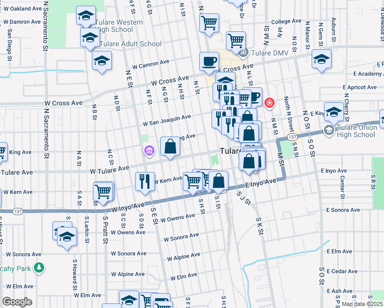 map of restaurants, bars, coffee shops, grocery stores, and more near 123 South H Street in Tulare