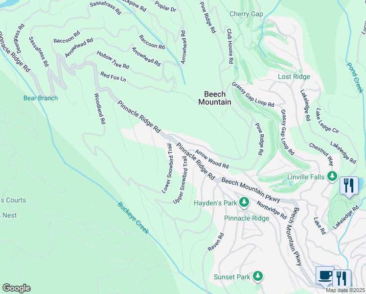 map of restaurants, bars, coffee shops, grocery stores, and more near 105 Lower Snowbird Lane in Beech Mountain