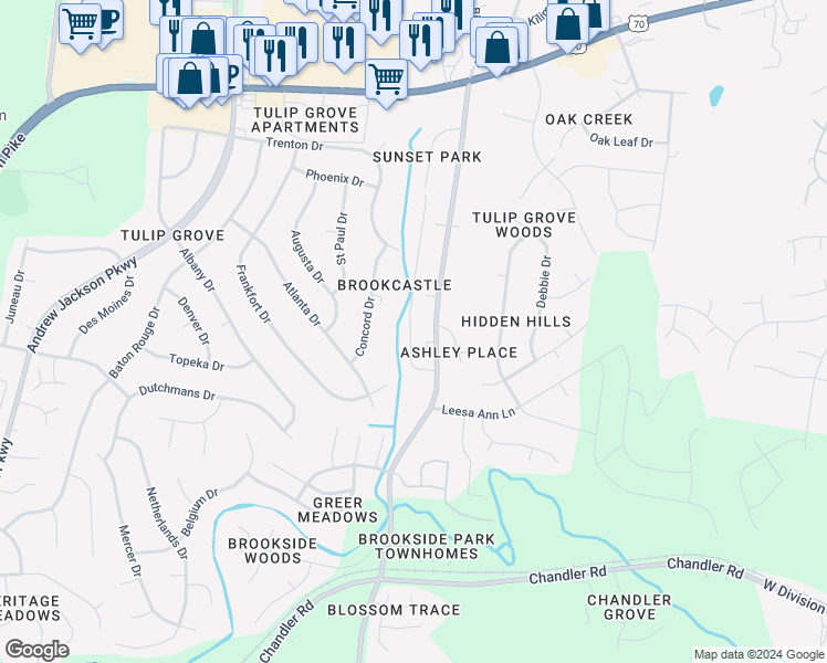 map of restaurants, bars, coffee shops, grocery stores, and more near 118 Brooke Castle Drive in Nashville