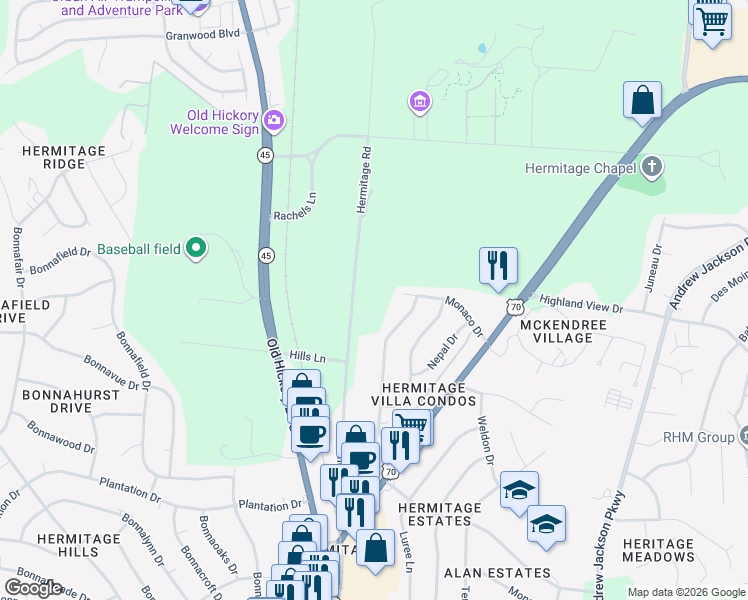 map of restaurants, bars, coffee shops, grocery stores, and more near 4278 Sweden Drive in Nashville