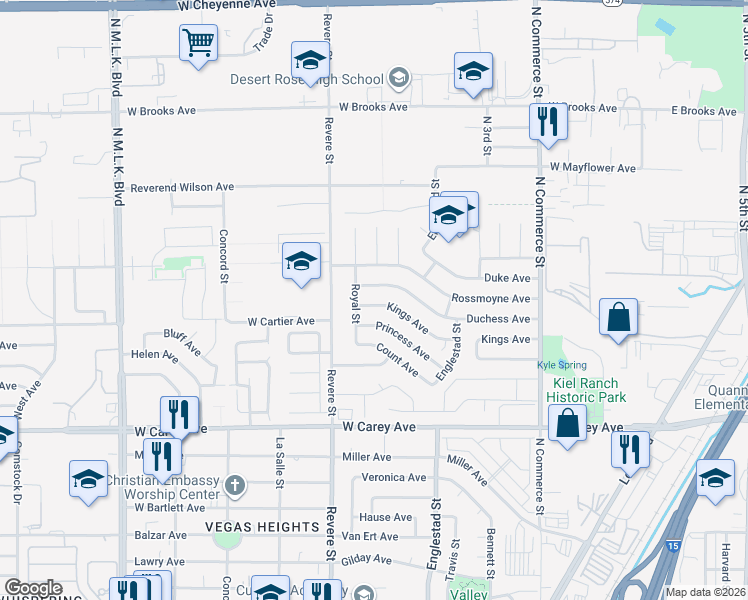 map of restaurants, bars, coffee shops, grocery stores, and more near 704 Kings Avenue in North Las Vegas