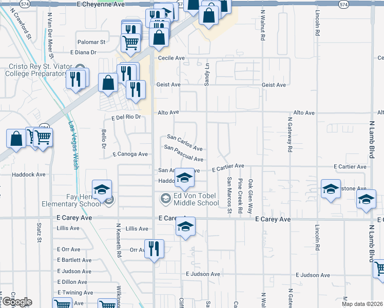 map of restaurants, bars, coffee shops, grocery stores, and more near 3644 San Pascual Avenue in Las Vegas
