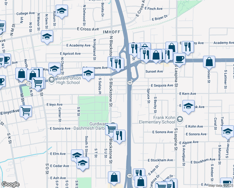 map of restaurants, bars, coffee shops, grocery stores, and more near 1151 East Kern Avenue in Tulare