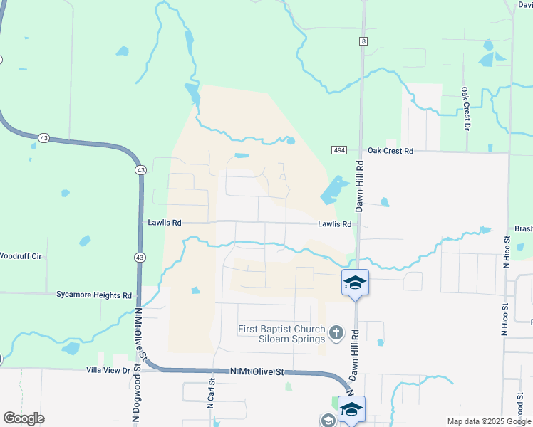 map of restaurants, bars, coffee shops, grocery stores, and more near 23050 Lawlis Road in Siloam Springs