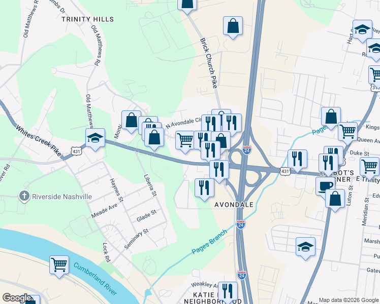 map of restaurants, bars, coffee shops, grocery stores, and more near 317 West Trinity Lane in Nashville