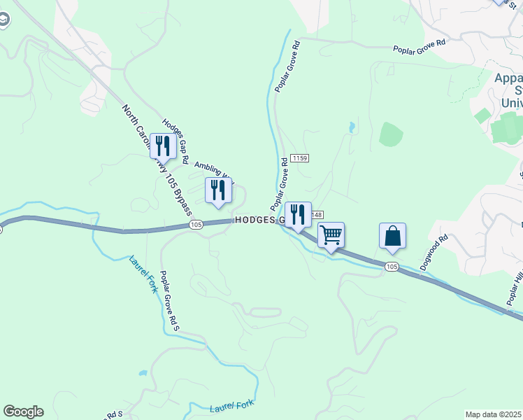 map of restaurants, bars, coffee shops, grocery stores, and more near Tulip Tree Lane in Boone