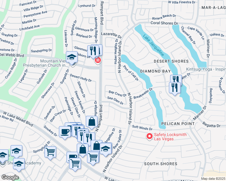 map of restaurants, bars, coffee shops, grocery stores, and more near 8428 Bay Crest Drive in Las Vegas