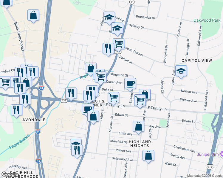map of restaurants, bars, coffee shops, grocery stores, and more near 109 Duke Street in Nashville