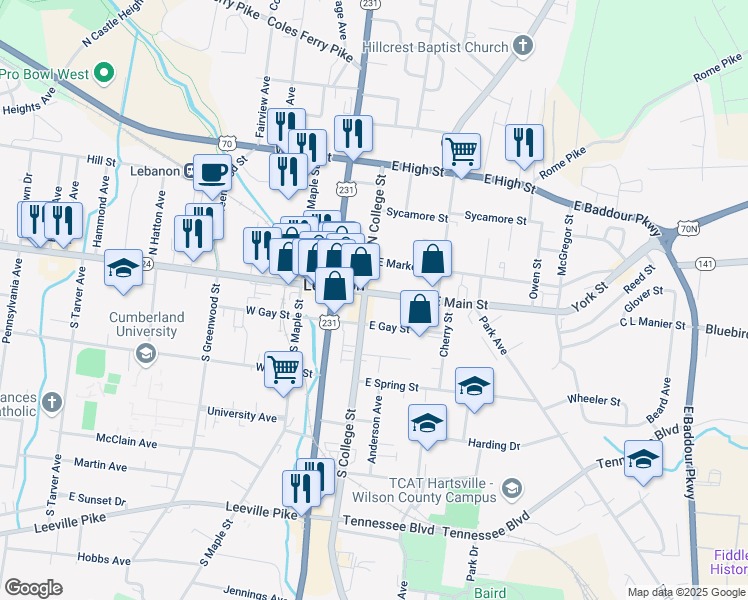 map of restaurants, bars, coffee shops, grocery stores, and more near 119 South College Street in Lebanon