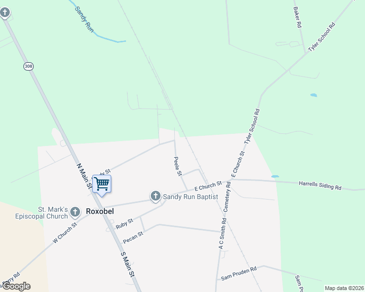 map of restaurants, bars, coffee shops, grocery stores, and more near 212 Peele Street in Roxobel