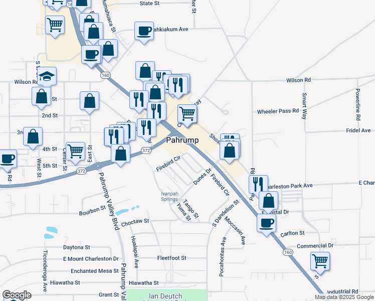 map of restaurants, bars, coffee shops, grocery stores, and more near 1700 Firebird Circle in Pahrump