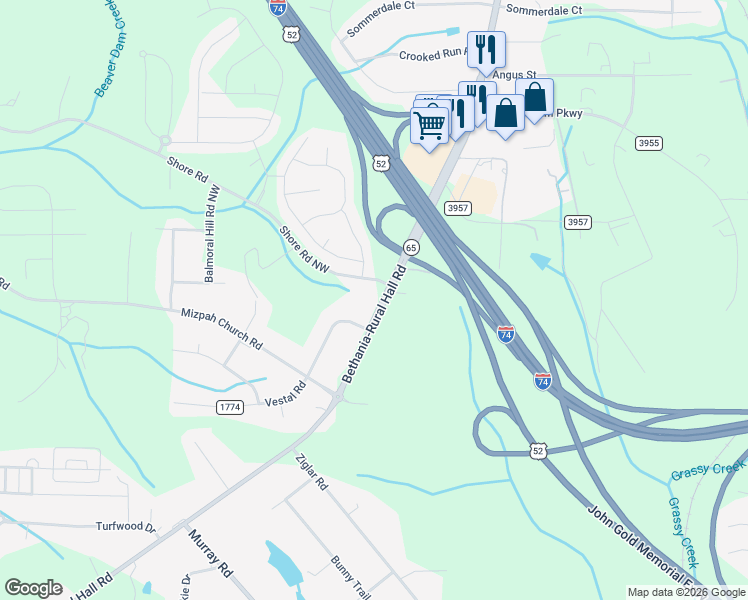 map of restaurants, bars, coffee shops, grocery stores, and more near 1140 Bethania-Rural Hall Road in Rural Hall