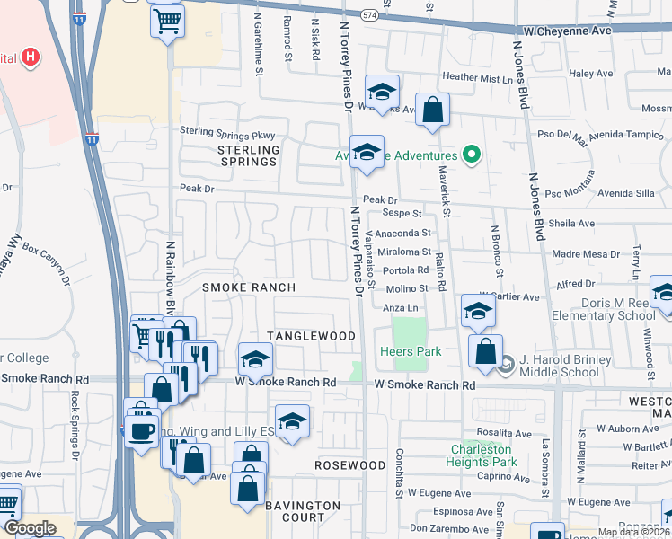 map of restaurants, bars, coffee shops, grocery stores, and more near 6417 Morley Avenue in Las Vegas